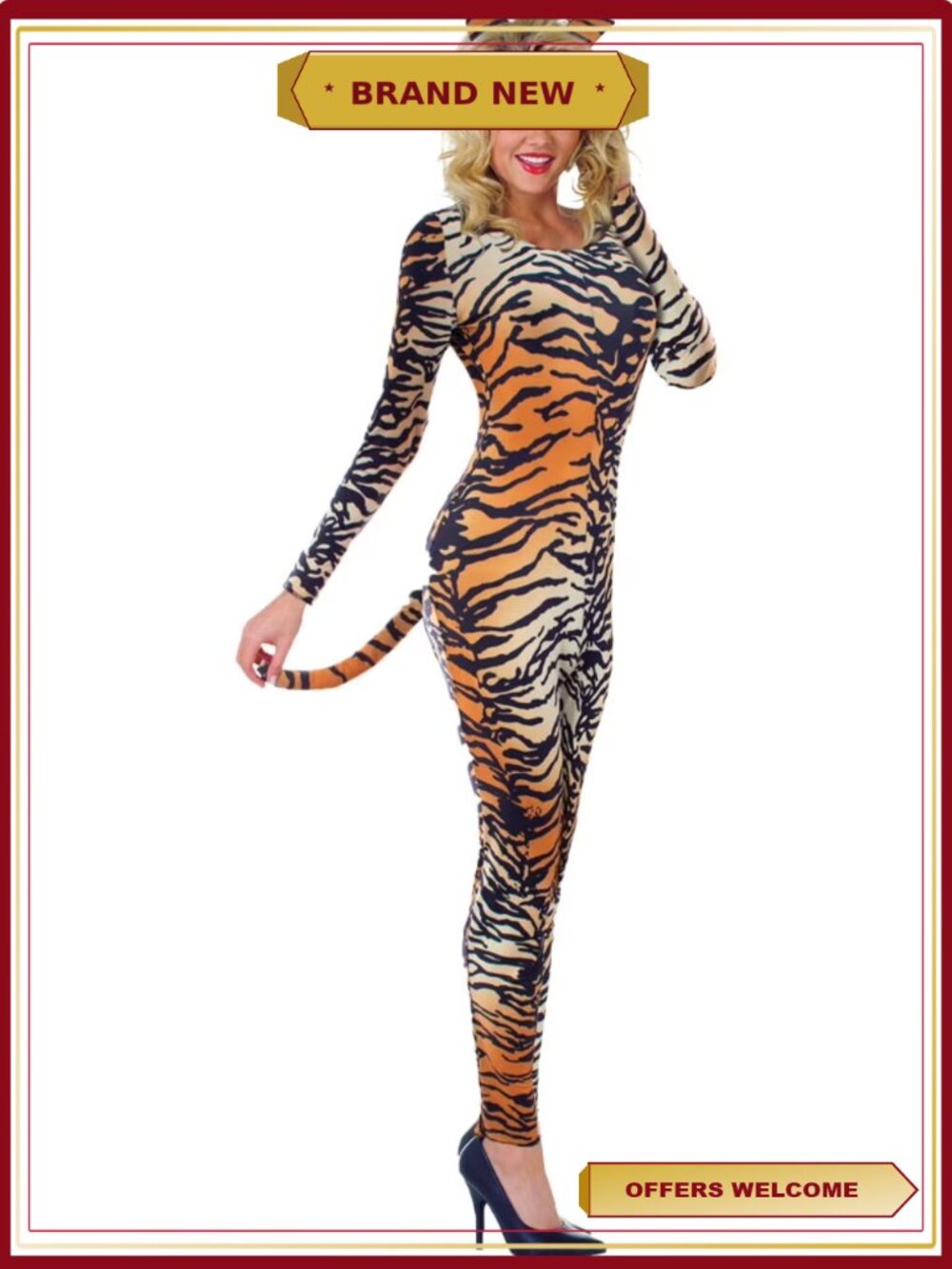 Women's Tiger Print Stretchy Romper Costume with Attached Tail